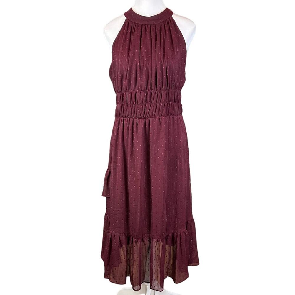 Maison Tara Tiered Halter Dress Garnet Size 14 Flirty Party Ruffle Smocked Waist